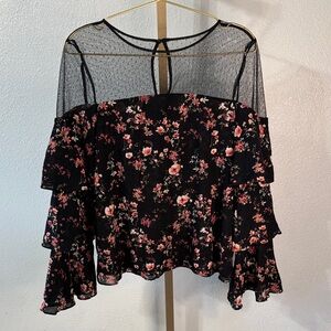 White House Black Market Floral Off-Shoulder Blouse in Black and Pink